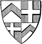 "Quarterly, first and fourth argent, a chevron gules, second and third gules, a cross argent (that is, the field red and the cross silver or white)." -Whitney, 1911