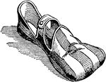 A duckbill shoe of the 15th century with stripes and a button.