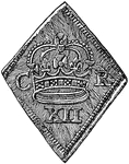 "A coin, generally of unusual shape and rude workmanship, issued in a town or castle during a siege, when the operations of the ordinary mints are suspended." -Whitney, 1911
<p>This illustration is of the obverse side of the piece.