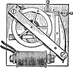 An illustration of Hope Jone's dial-driving device. "Each time that a current is sent by the master clock, the electromagnet B attracts the pivoted armature C, and then the current ceases the lever D with the projecting arm E is driven back to its old position by the spring F, thus driving the wheel A forward one division. G is a back stop click, and H, I fixed stops." &mdash;Britannica, 1910