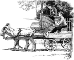 A boy riding a coach being lead by goats instead of horses.