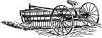 "Side-delivery rake, a horse-rake in which the rake is suspended between the axle of the pair of wheels and a third or caster-wheel trailing at the end of the rake, and placed in a position diagonal to the direction in which the machine moves. By means of suitable mechanism, operated through gearing on the axle, the hay, as fast as it is gathered, is delivered at the side of the rake and deposited on the ground in the form of a windrow." -Whitney, 1911