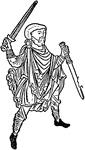 An illustration of an adult man holding a sword in each hand.
