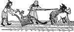 An illustration of two men operating a plow.
