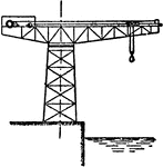 The "hammerhead", or giant cantilever, crane is a fixed-jib crane consisting of a steel-braced tower on which revolves a large, horizontal, double cantilever; the forward part of this cantilever or jib carries the lifting trolley, the jib is extended backwards in order to form a support for the machinery and counter-balancing weight. In addition to the motions of lifting and revolving, there is provided a so-called "racking" motion, by which the lifting trolley, with the load suspended, can be moved in and out along the jib without altering the level of the load. Such horizontal movement of the load is a marked feature of later crane design. These cranes are generally constructed in large sizes, up to 350 tons.