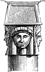 In some temples the pillars have, in lieu of capital, the face of a goddess, probably of Isis, with a drooping sacerdotal hood, and supporting a temple on the head. This face is repeated on four sides of the circular shaft.