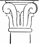 Some reliefs portray small fa&ccedil;ades of temples with capitals. This figure shows an affinity, although it be a remote one, with the Corinthian capital.