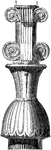 Other capitals are more compact, where from the lower part, which is in the shape of a globular vessel, rises a slender cup, supporting a lofty member with double volutes or scrolls on the four sides, which correspond with those of the Grecian Ionic capitals, but which are introduced not horizontally but perpendicularly. The base consists of fillets and a leaf-covered torus resting on a circular path.