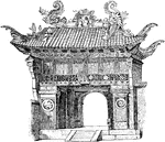 Chinese structures have nothing durable about them, for perishable wood forms an essential element in their construction, and they were more remarkable for their elegance and slender proportions than for their vast dimensions. The roofs are especially characteristic, the most striking peculiarity being that they are always curved, and have figures on them in high relief, as well as at the corners, from which hang bells, and that they are decorated with all kinds of embellishments, such as gilt dragons, and other fantastic carvings.
