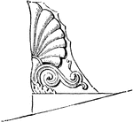 On the apex and two lower angles of the pediment were introduced acroteria, sometimes ornaments of flowers and tendrils, and sometimes statues of gods or animals. These were placed on small pedestals, and offered an &aelig;sthetic contrast to the sliding effect which would otherwise have been produced by the oblique lines of the pediment.