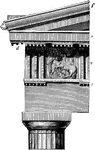 The frieze of the Doric order is not taken up with sculpture in uninterrupted succession, but it occurs in groups at regular intervals, separated by features called triglyphs (a). The spaces formed between the triglyphs are called metopes (b).