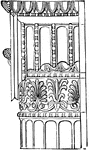 The good effect of the Ionic capital is really only produced by the front-view. It seems calculated to be introduced between pillars and ant&aelig;, and not in a disconnected peristyle with with angle columns. In angle columns, however, the volutes are sometimes constructed in such a way that they meet at both sides diagonally.