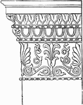 The capital of the antæ and pilasters is without volutes, as is seen here. The shaft has no flutings; the base, on the other hand, is the same as in the columns, and is continued round the walls as a plinth.