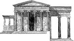 Belonging to the time directly after Pericles is the Erechtheum. This is a double temple in the Ionic style, dedicated to Minerva Polias, and is situated on the Acropolis. It has a hexastyle Ionic prostyle. A low building adjoins it, behind which is the shrine of the Nymph Pandrosos.