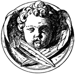 This Modern Cherub Head is a design on a medallion. It is a winged angel face.