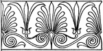 The Greek Cyma Link Border is a design found between the ceiling and the wall. It is a scroll design of leaves connected like a chain.