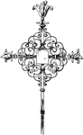 The wrought-iron tomb cross was designed during the 18th century. Found in Thiengen, Germany, the center of the cross has a metal plate that contains an inscription.