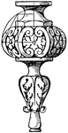 The lower end of the chandelier pendant knob is shown. It is a 17th century design.