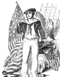 Sailor with American flag, shield, and eagle.