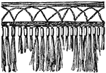 The Indian-Mexican pouch valence is a hanging textile termination with the lower end ornamentally cut. It is ornamented with cords, tassels and embroidery.