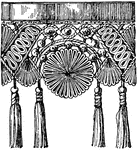 The Egyptian valence is a hanging textile termination with the lower end ornamentally cut. It is ornamented with cords, tassels and embroidery. The upper edge of the valence is generally fixed to moulding.