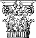 The Greek Corinthian capital is found in a monument in Lysikrates, Athens. It is a design of spiral curves that rise from the rows of leaves and unite in pairs. The center of each sides of the abacus is decorated with palmettes or rosettes.