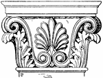The Greek-Corinthian pilaster capital has a palmette leaf design with spiral scroll like ornaments on each side.