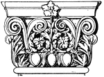 The Roman-Corinthian pilaster capital has an egg-and-dart moulding that runs along the bottom, then it volutes with a spiral scroll like ornaments on the sides.