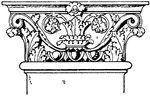 The Roman-Corinthian pilaster capital has an egg-and-dart moulding that runs along the bottom, then it volutes with a spiral scroll like ornaments on the sides.