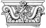 The Roman-Corinthian pilaster capital has a leaf and floral design, then it volutes with a spiral scroll like ornaments on the sides.