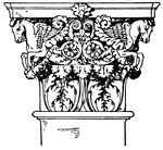 The Roman-Corinthian pilaster capital has a leaf and floral design, then it volutes with a spiral scroll like ornaments on the sides. It is found in the temple of Mars in Rome.