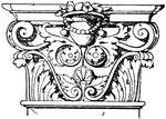 The Corinthian pilaster capital is an Italian Renaissance design. This pilaster is broader in proportion to its height. It is encircled with artificial leaves and spiral scroll like ornaments.