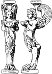 The Roman table-support trapezophoron is shown from the front view and side view. It is made out of marble and has a design of eros garbed with nebris in panther's claws.