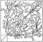 The Renaissance square panel is an intarsia (wood inlaying) design found on the stalls of a church in Pavia, Italy.