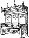 The Renaissance with canopied back bench also called the Bench-seat was furnished with a back and arms. The back formed like a canopy over stalls. It was upholstered with cushions and draped with textiles.