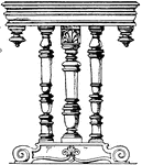 This Renaissance table has turned legs and is three-legged. It is sometimes replaced by pillars or balausters or other legs are employed in addition.