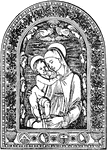 An illustration of an enameled clay relief of the Virgin Mary and Jesus.
