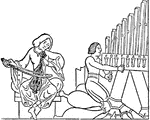 An illustration of two men playing instruments.
