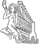An illustration of a woman playing the organ and a horn.