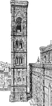 Giotto's bell tower (campanile) stands on the Cathedral square (Piazza del Duomo) in Florence, Italy. This bell tower is one of the showpieces of the Florentine gothic style. Standing isolated next to the Cathedral Santa Maria del Fiore and in front of the Baptistery of St. John, this splendid construction attracts the eye and the admiration of every art lover by its design, rich sculptural decorations and the many-coloured marble encrustations.