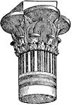 An illustration of a lotus decorated capital. In several traditions of architecture including Classical architecture, the capital (from the Latin caput, 'head') forms the crowning member of a column or a pilaster. The capital projects on each side as it rises, in order to support the abacus and unite the form of the latter (normally square) with the circular shaft of the column.