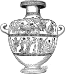 A hydria is a type of Greek pottery used for carrying water. The hydria has three handles. Two horizontal handles on either side of the body of the pot were used for lifting and carrying the pot. The third handle, a vertical one, located in the center of the other two handles, was used when pouring water. This water vessel can be found in both the red and black figure pottery styles. They often depicted scenes of Greek mythology, that reflected moral and social obligations.