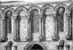 "Fragment of the Entrance-Fa&ccedil;ade of the Palace of Diocletian at Spalatro. The tendency of the period of decadence is particularly illustrated by the introduction of small shafts resting on brackets, which serve no other purpose than to adorn and enliven the fa&ccedil;ade. Between these small shafts are alternate windows, with a semicircular head and niches of various shapes.