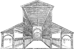 "Section and Interior View of the five-aisled Basilica of S. Pietro at Rome, before its restoration. Large basilicas sometimes have as many as five aisles &mdash; namely, a main-aisle in the middle, and two lower aisles on each side."