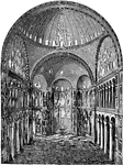 "Interior of the Church of Sta. Sophia at Constantinople. Besides the Narthex, there was a second vestibule: both extended the whole breadth of the building. In front of it was an entrance court surrounded by a colonnade, which was entered through an arch resting on four pillars."