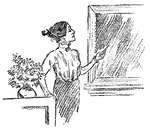An illustration of a woman standing next to a table looking out a window.