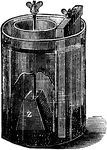 The cell was set up in a glass, or glazed earthenware, pot. This contained the chromic acid solution, the carbon plate and a porous pot. Inside the porous pot was dilute sulfuric acid, the zinc rod, and a small quantity of mercury. The mercury formed an amalgam with the zinc and this reduced "local action", i.e. unwanted dissolution of the zinc when the cell was not in use.