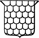"In heraldry, represented as covered with escallop- or scallop-shells: said of the field; also, covered with an imbricated pattern of curving lines." -Whitney, 1911
