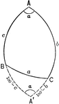 Illustration used to extend the law of cosines when finding the relation between the three sides and an angle of a spherical triangle. In this case both angles b and c are greater than 90&deg;.