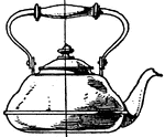 This modern pipe-spout pot is a tea-kettle. It is made out of metal and has a hoop handle with a wooden guard.